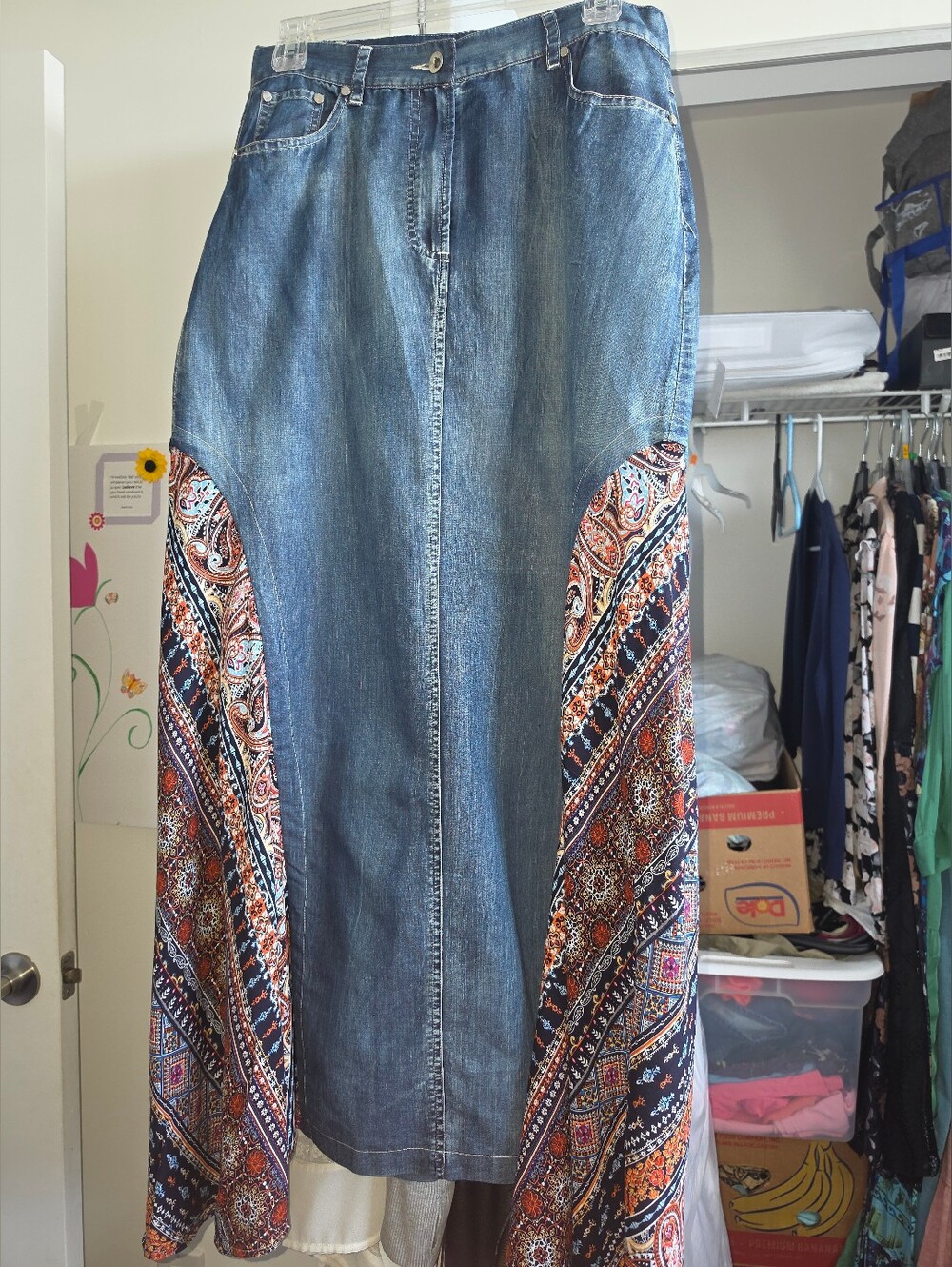 JOH BRAND  Denim Maxi Skirt with Paisley Panels - Blue, Navy, Orange, Cream